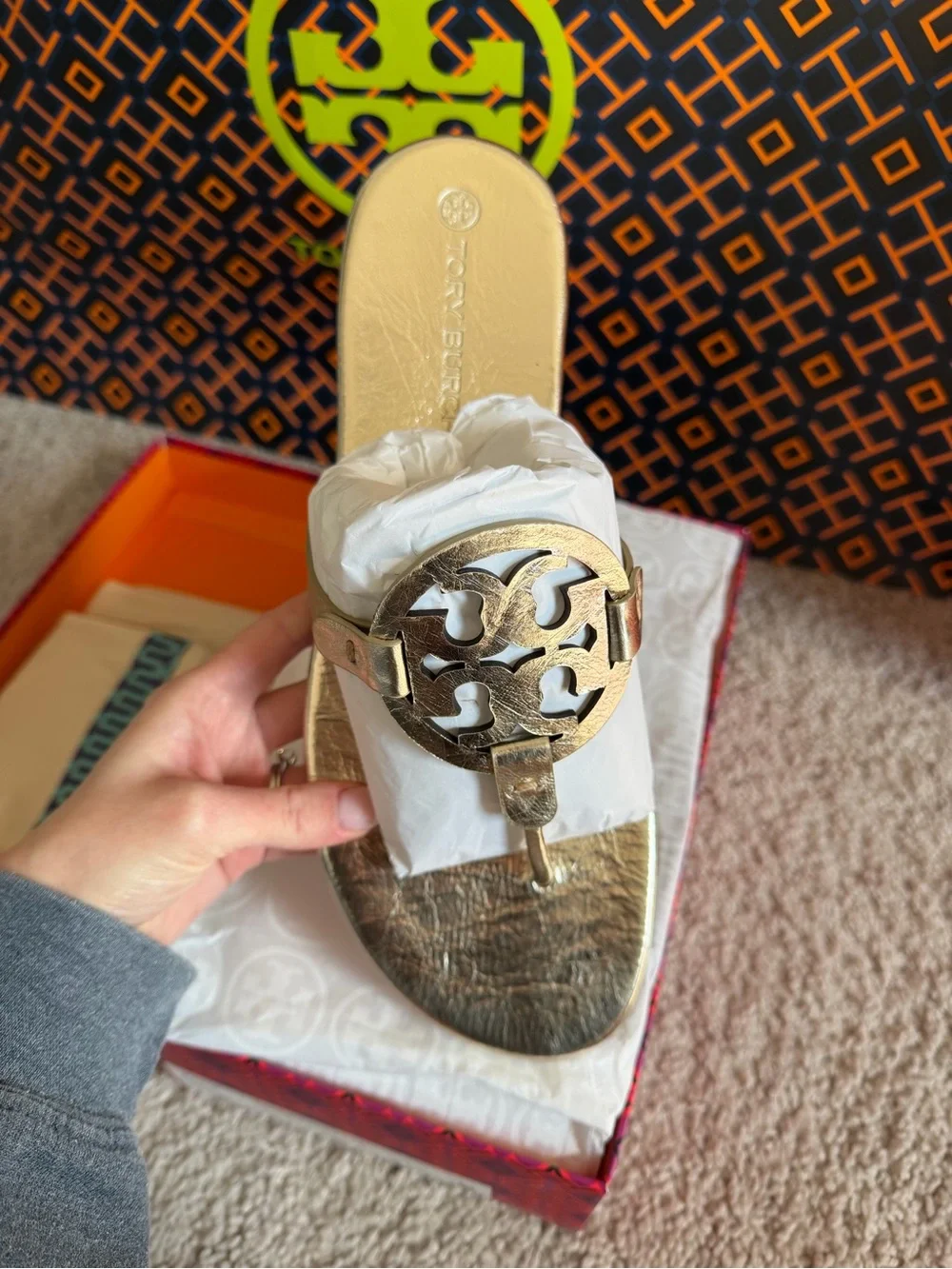 Tory Burch Miller Soft Metallic Wrinkled Leather Sandals Spark Gold Size 12